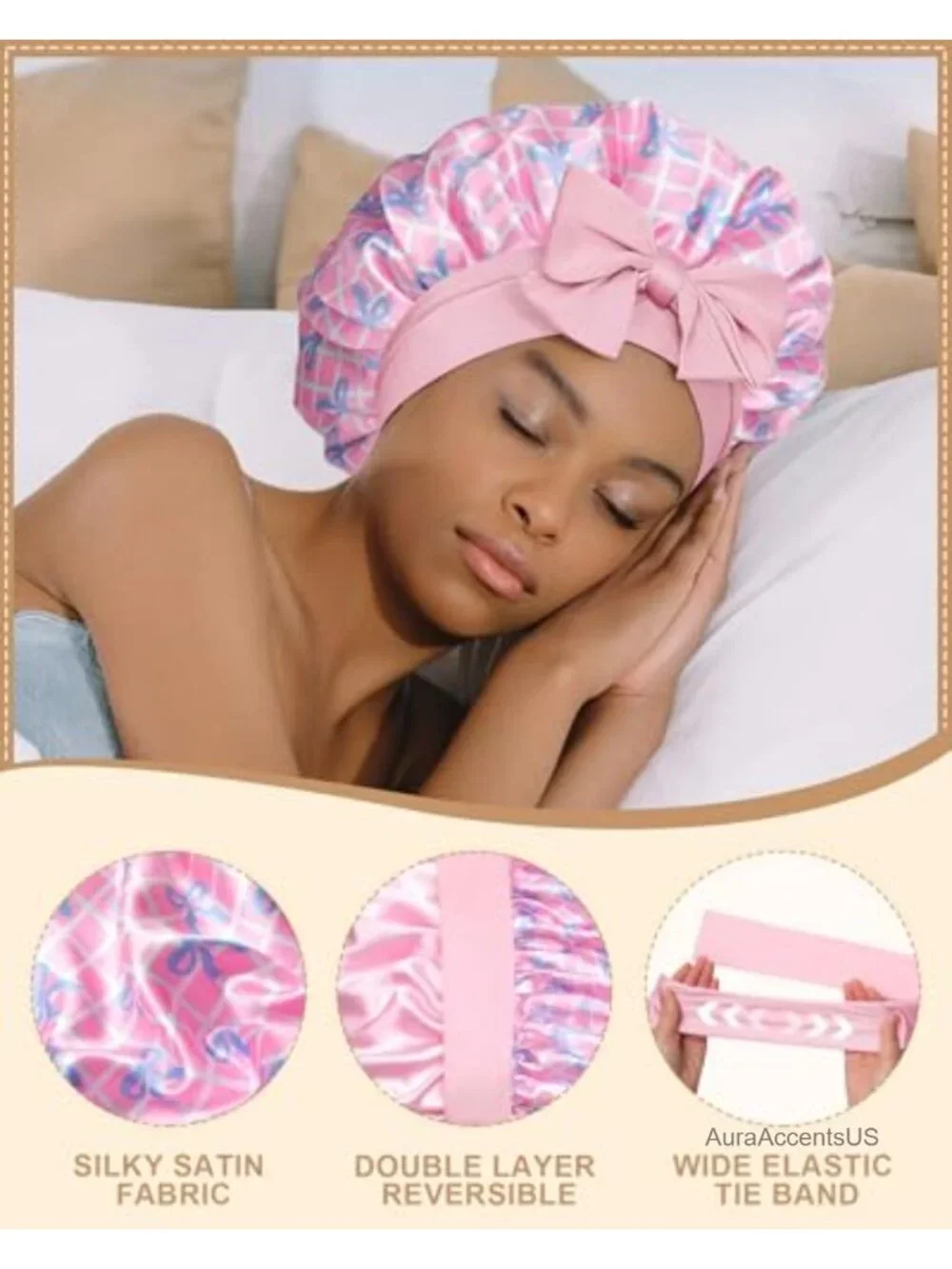 Reversible Satin Bonnet for Sleeping, Double Layer Hair Wrap with Elastic Tie